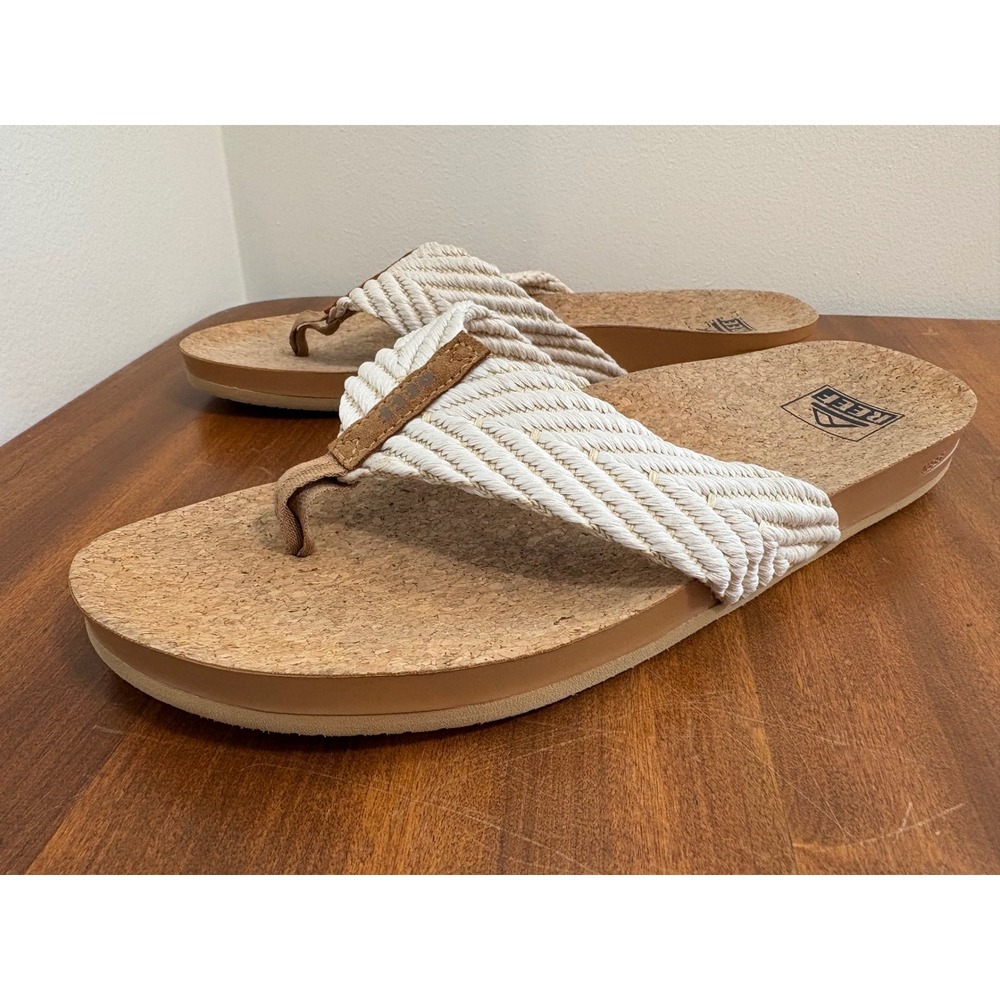 Reef Cushion Strand White Braided Rope Cork Footbed Flip Flop Sandals Womens 10